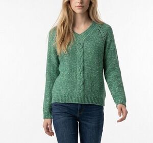 St Johns Bay Women’s Green V Neck Knit Sweater Size PM Long Sleeves Pullover